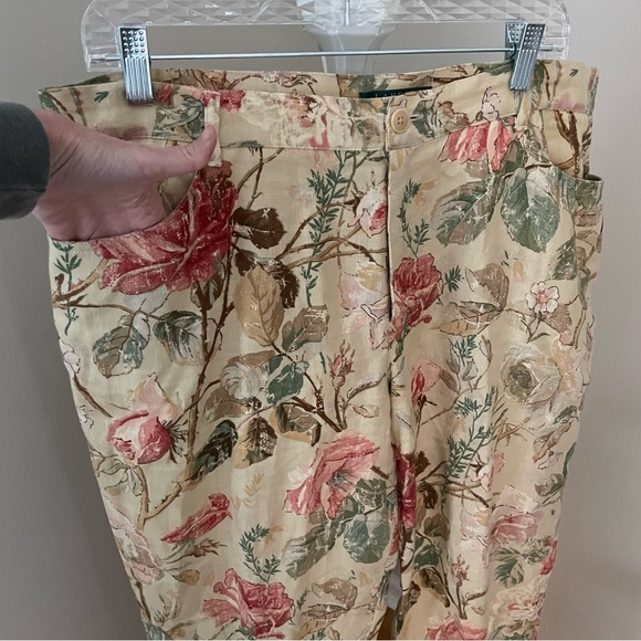 Vintage Lauren Ralph Lauren 100% Linen Khaki Floral High Waist Pants Size 14/16 - Picture 3 of 13